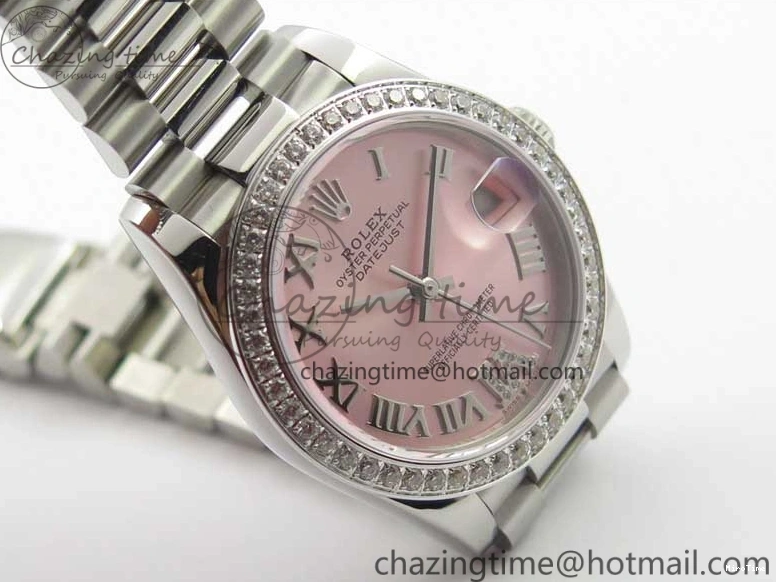 MiroTime 0402 Datejust 31mm 278275 SS Crystal Bezel BP Maker Best Edition Pink Roman Dial Crystal @6 on SS President Bracelet Contemporary 3082